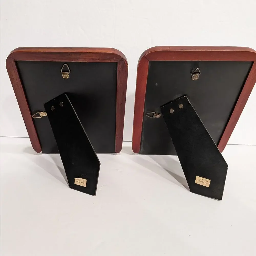 Vintage MCM Teak Oval Opening Picture Frame Pair Tabletop Wall 5x7